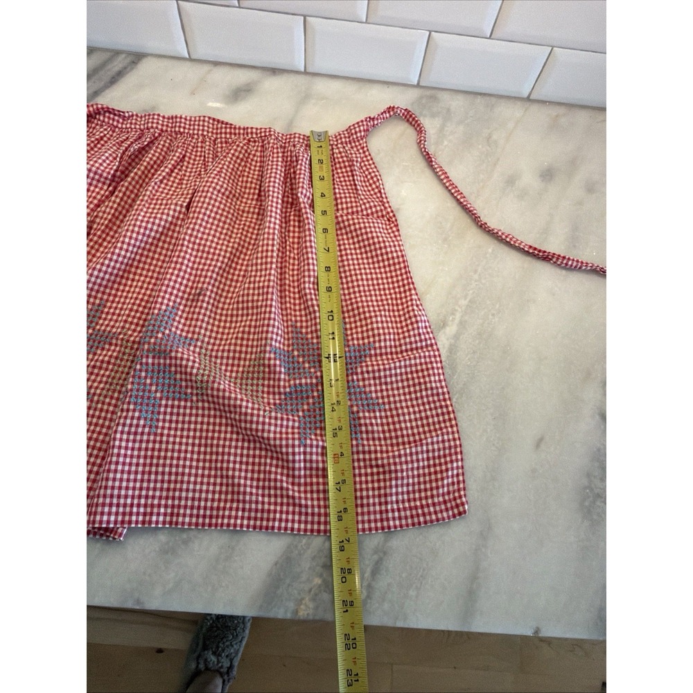 Vintage Hand Made Half Apron With Embroidery Red and White Check - Picture 9 of 9
